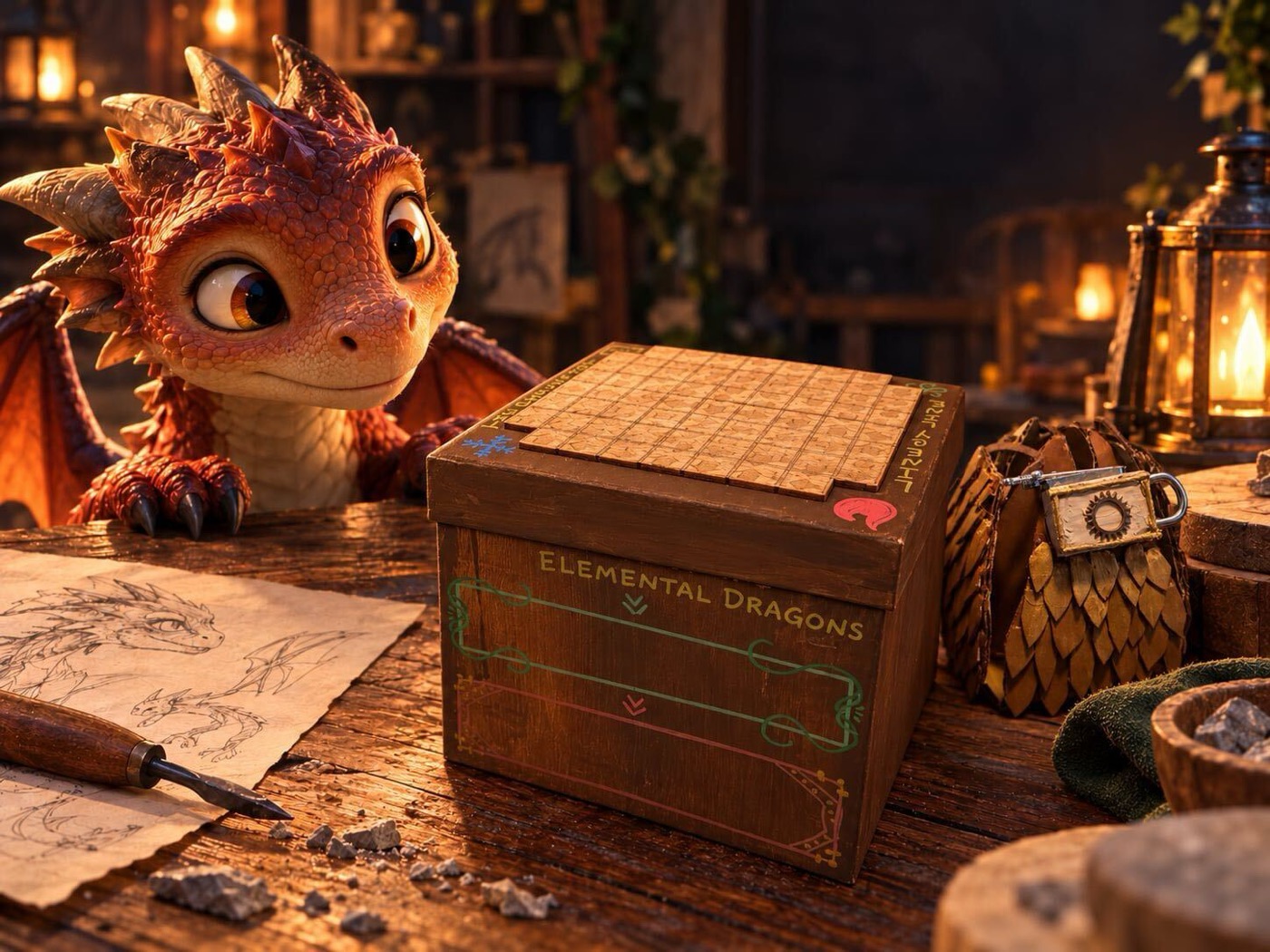 Illustration of a young dragon beside a puzzle box, artwork for the Dragon Apprenticeship adventure in development