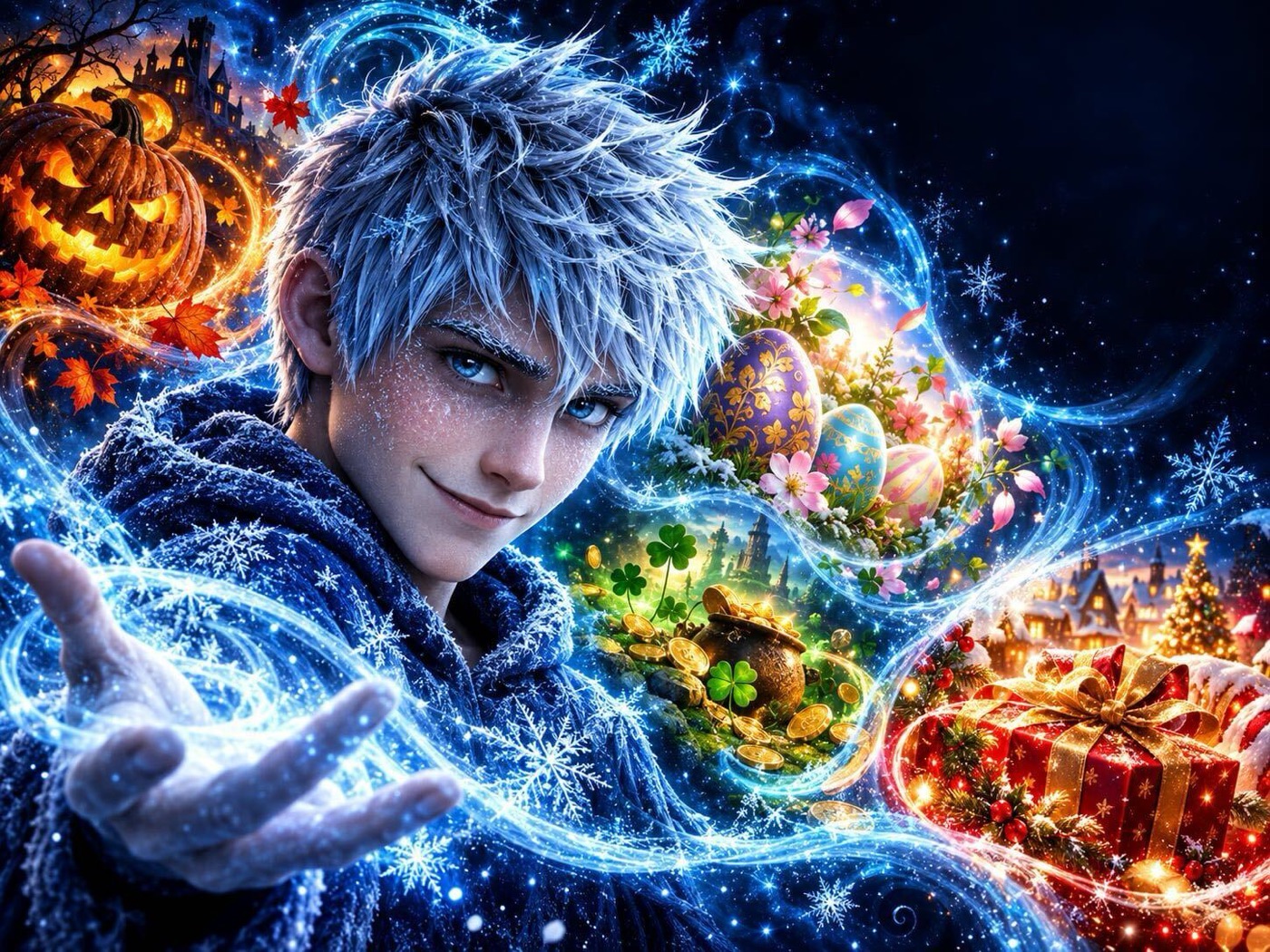Illustration of Jack Frost with the stolen magic of four holidays: a pumpkin, painted eggs, a pot of coins and a wrapped present