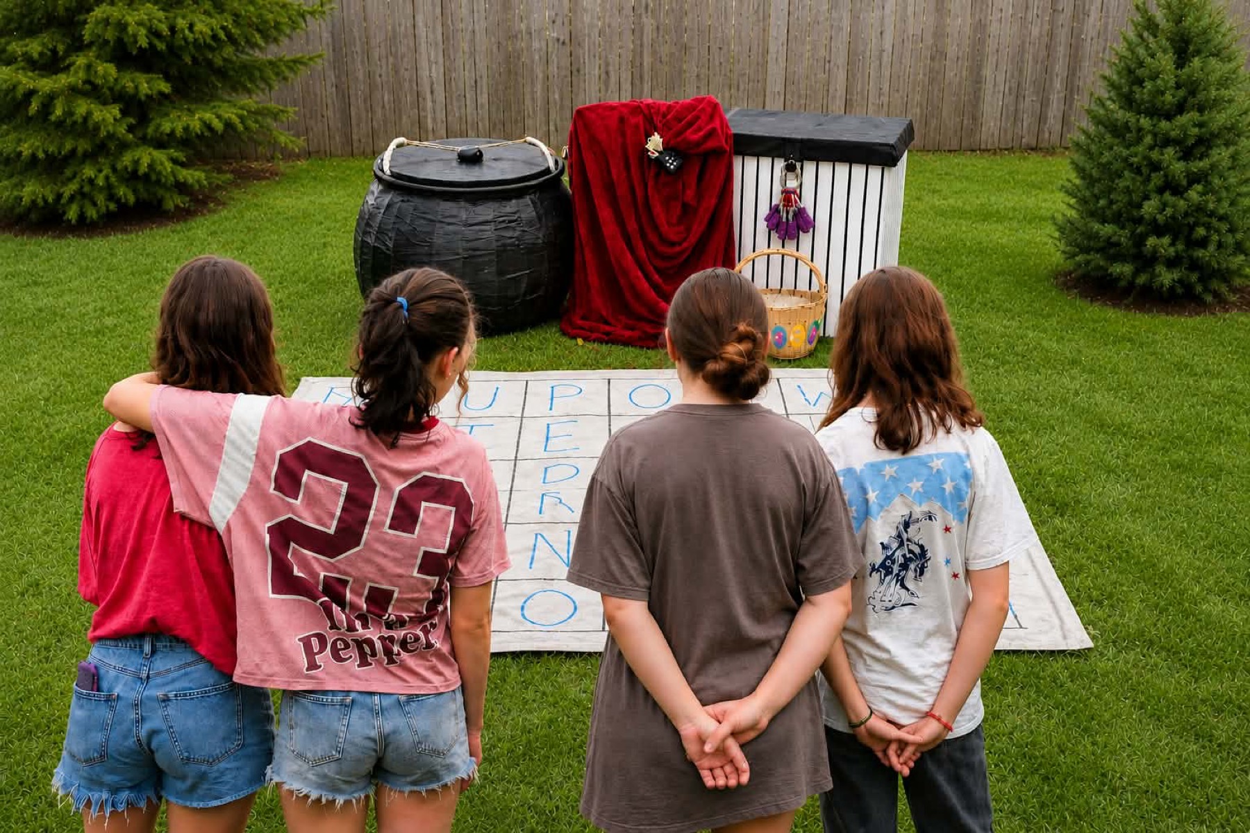 A group of players facing a mobile escape adventure set up in a backyard in Rock Springs, Wyoming